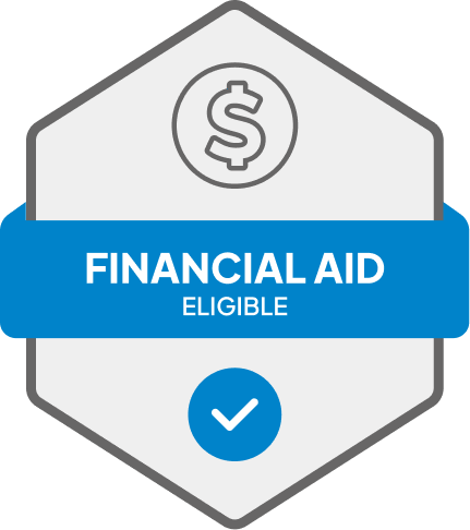 Badge: Financial Aid Eligible, blue banner, building icon, dollar sign.