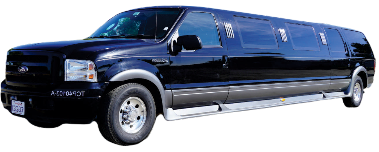 A black limousine is parked on a white background.