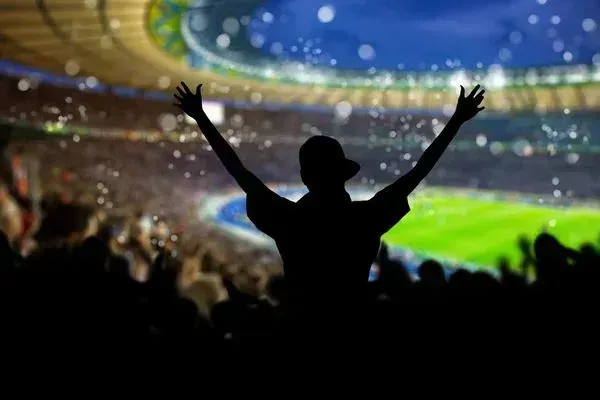 A silhouette of a man with his arms in the air at a soccer stadium.