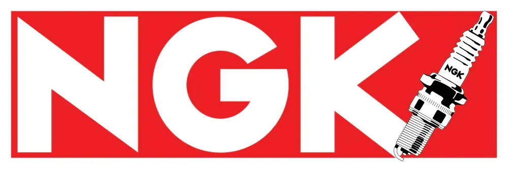A red and white ngk logo with a spark plug on it.