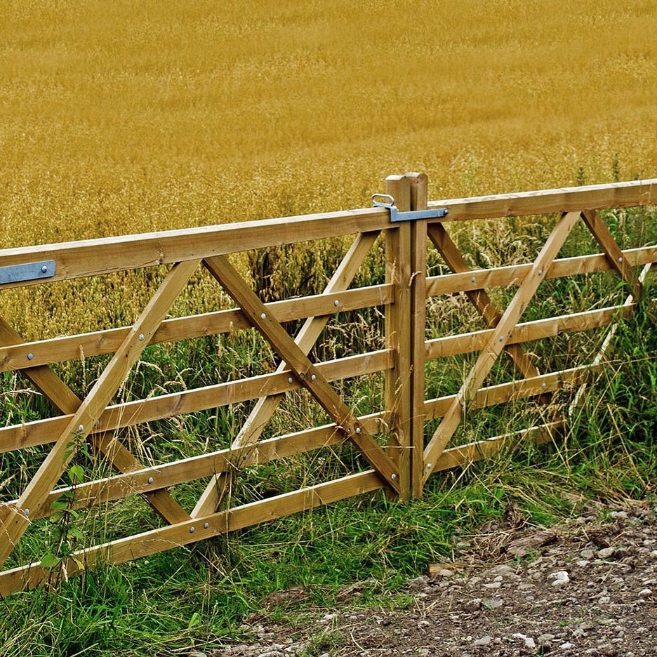 Wooden gate in field, yellow wheat background, green grass foreground, gray hardware.