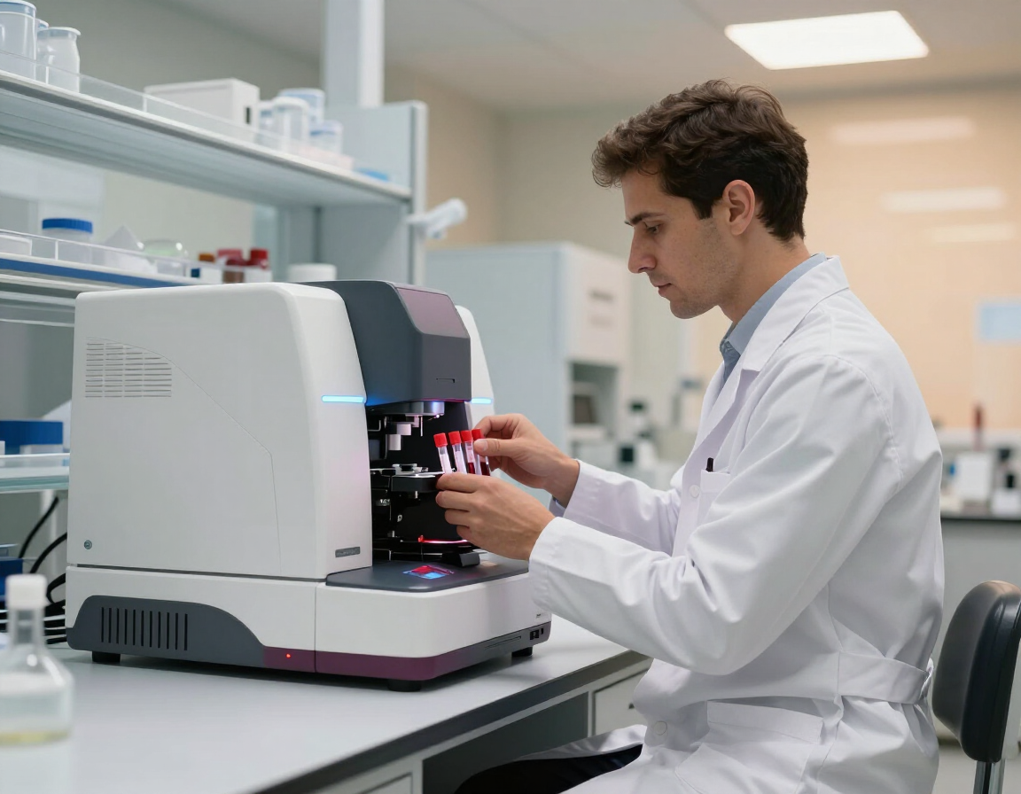 Un científico con bata blanca utiliza un analizador de laboratorio automatizado para procesar pequeños viales con tapa roja en un laboratorio bien iluminado.