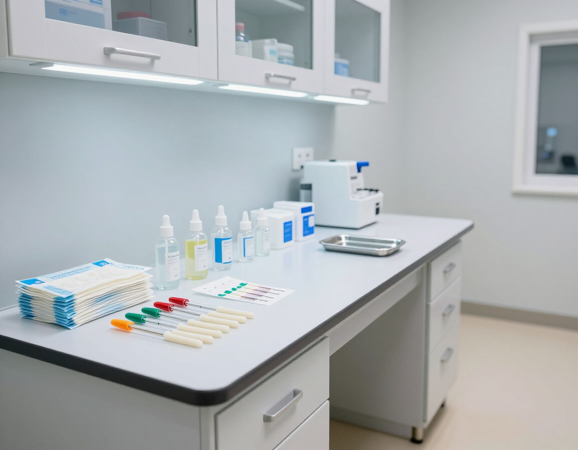 Mostrador de laboratorio médico con hisopos para pruebas, frascos pequeños y equipos en un entorno clínico luminoso con paredes blancas.