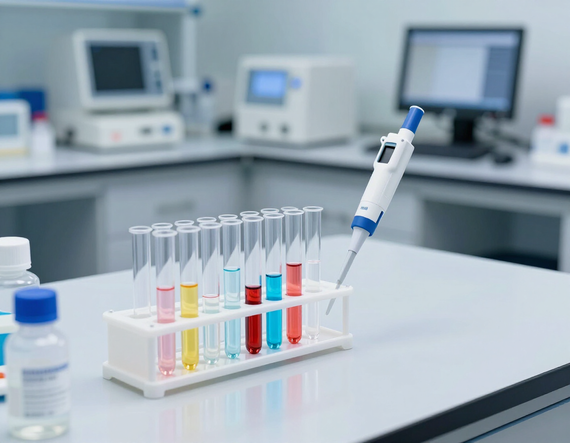 Un estante de laboratorio con tubos de ensayo de colores y una micropipeta sobre una mesa en un laboratorio con equipos al fondo.