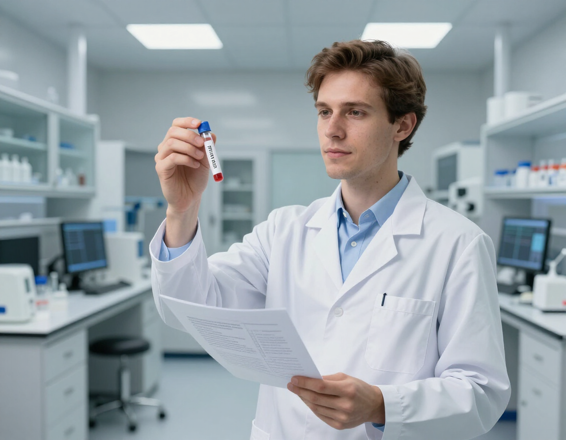 Un científico con bata blanca se encuentra en un laboratorio, sosteniendo un tubo de ensayo con una muestra roja mientras revisa un documento.