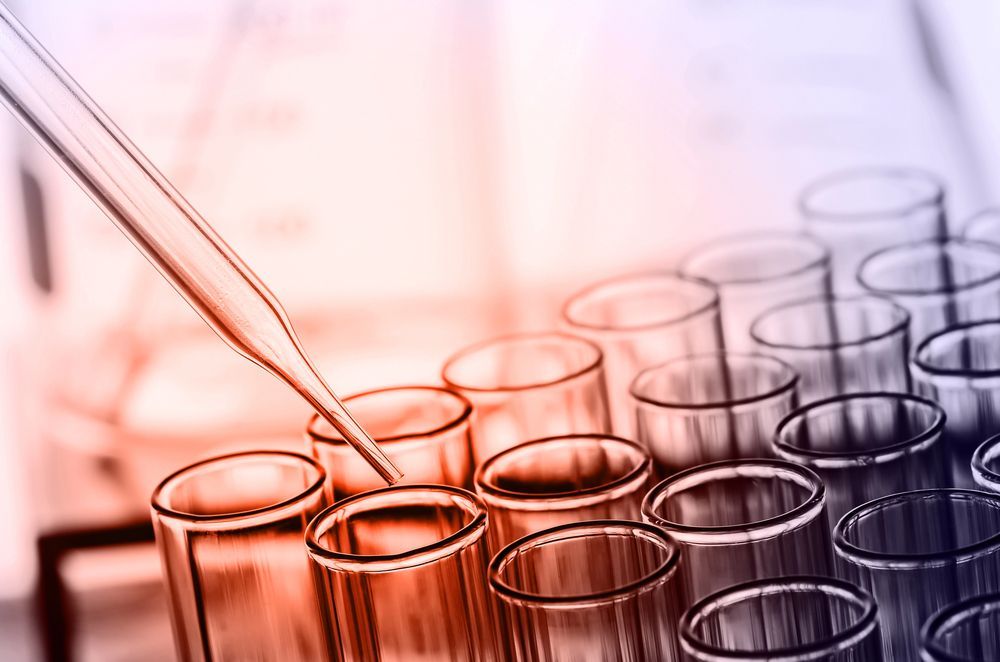 Una pipeta de laboratorio dispensa líquido en uno de los muchos tubos de ensayo de vidrio colocados en un soporte, sobre un fondo clínico difuminado.
