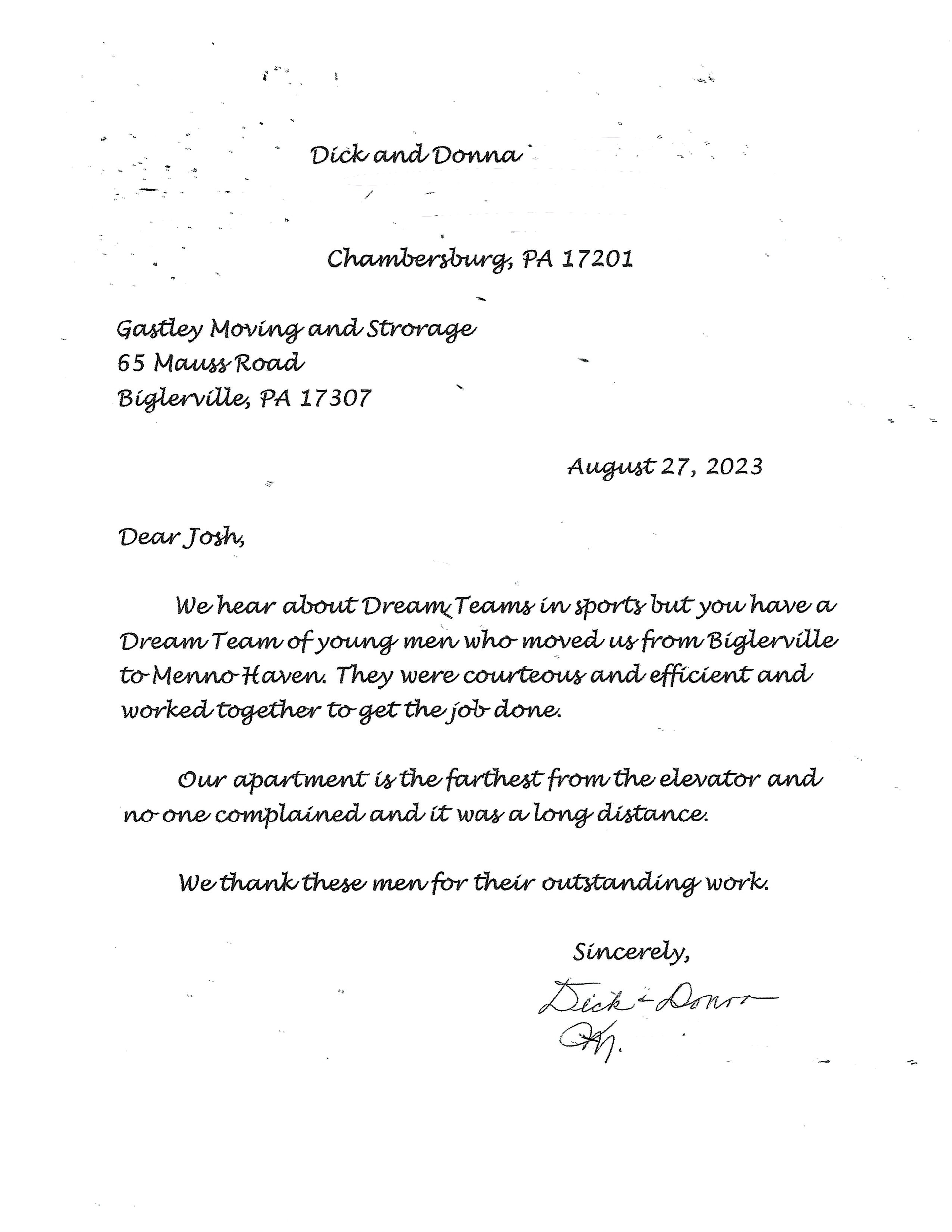 Handwritten letter from Orchard Manor, Chambersburg, PA to Joe, thanking for outstanding work.