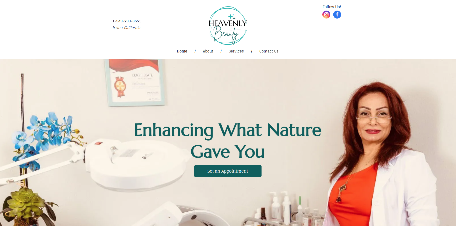 Woman in orange top, white jacket, enhancing natural beauty with skincare products in light setting.