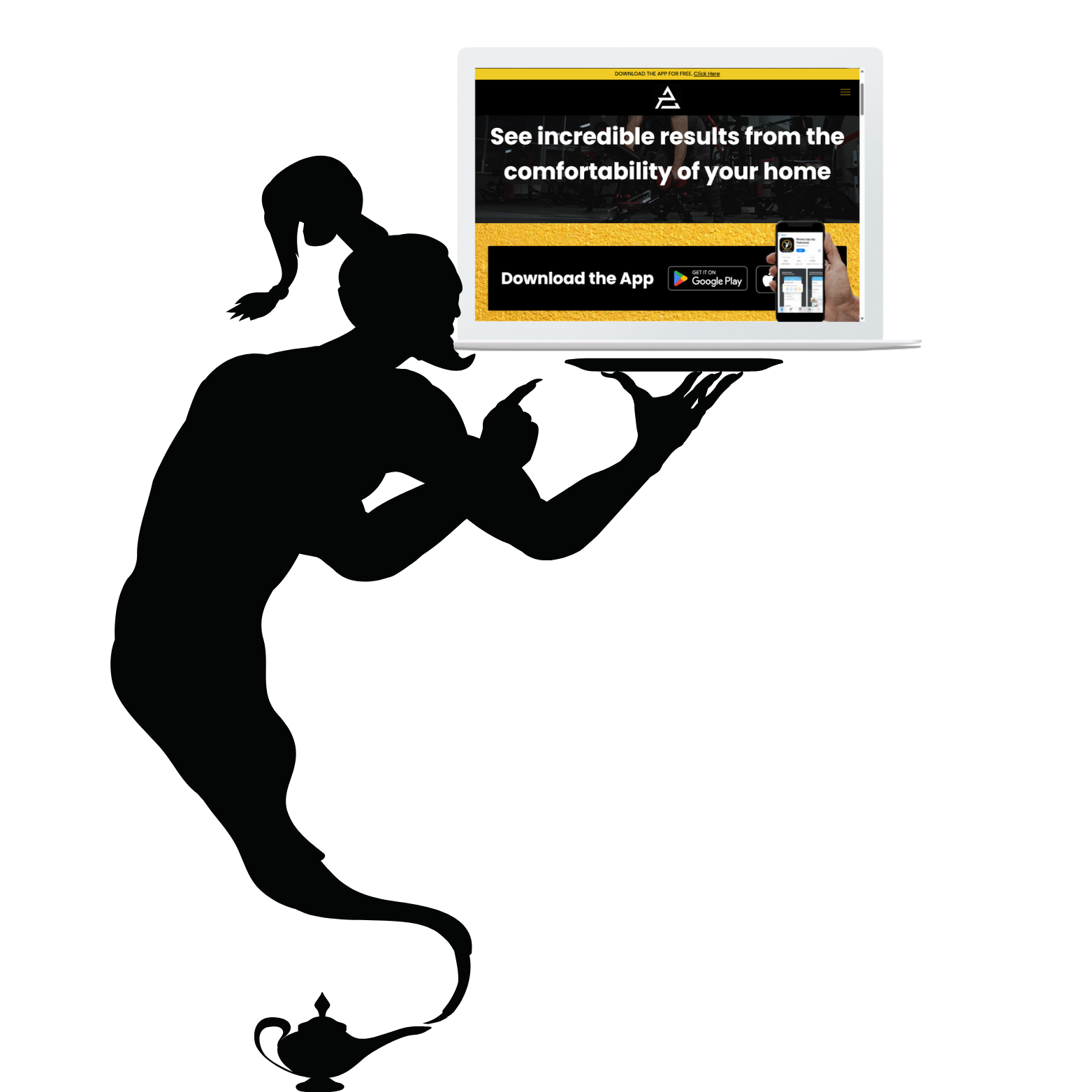 Silhouette genie holding laptop displaying app ad.