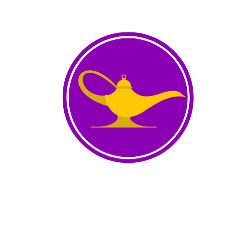 Golden genie lamp inside purple circle.