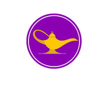 Golden genie lamp inside purple circle.