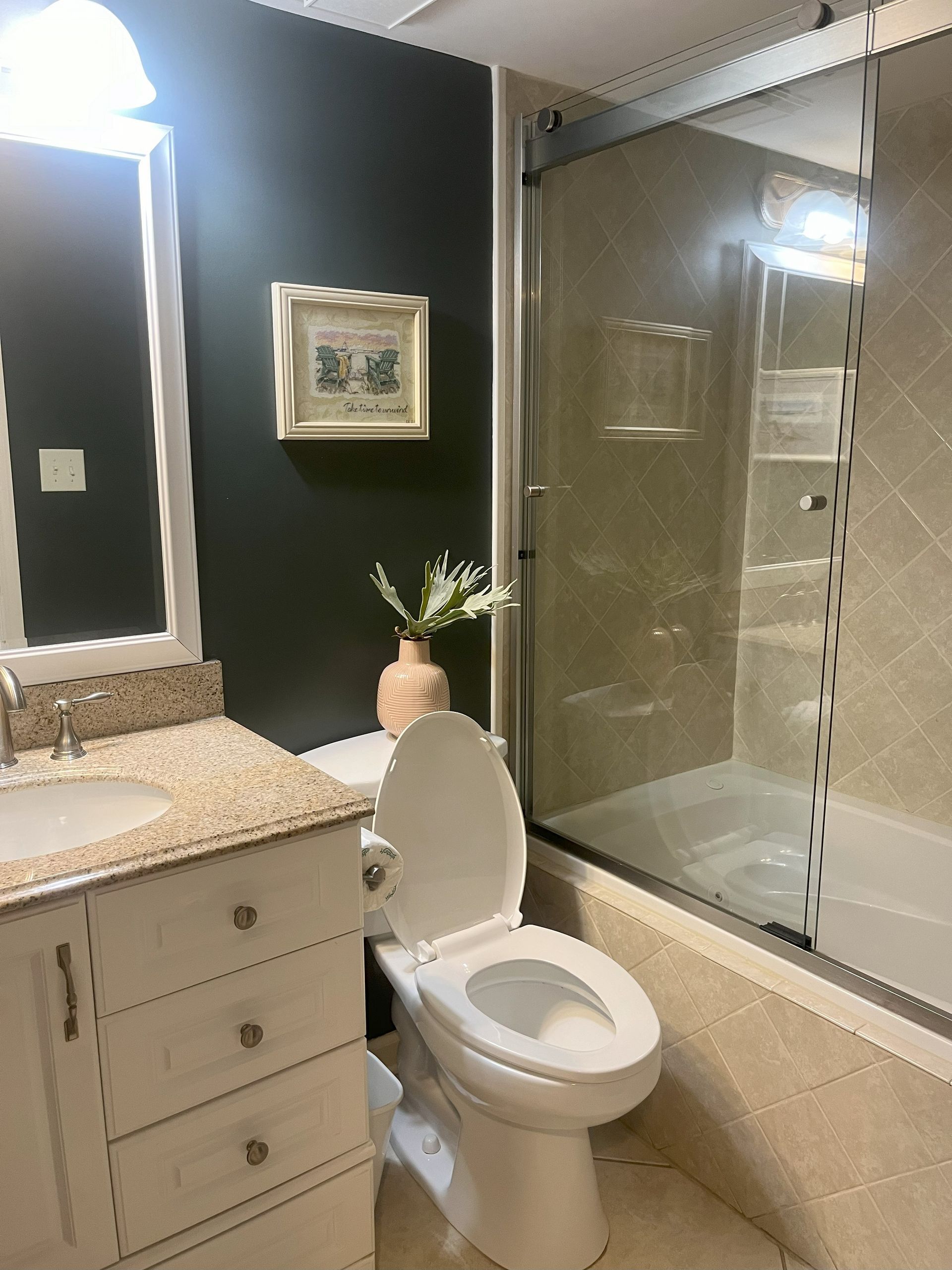 Bathroom with a white vanity, a dark gray wall, a toilet, and a shower with a glass door. A framed picture and vase of flowers are on the wall.