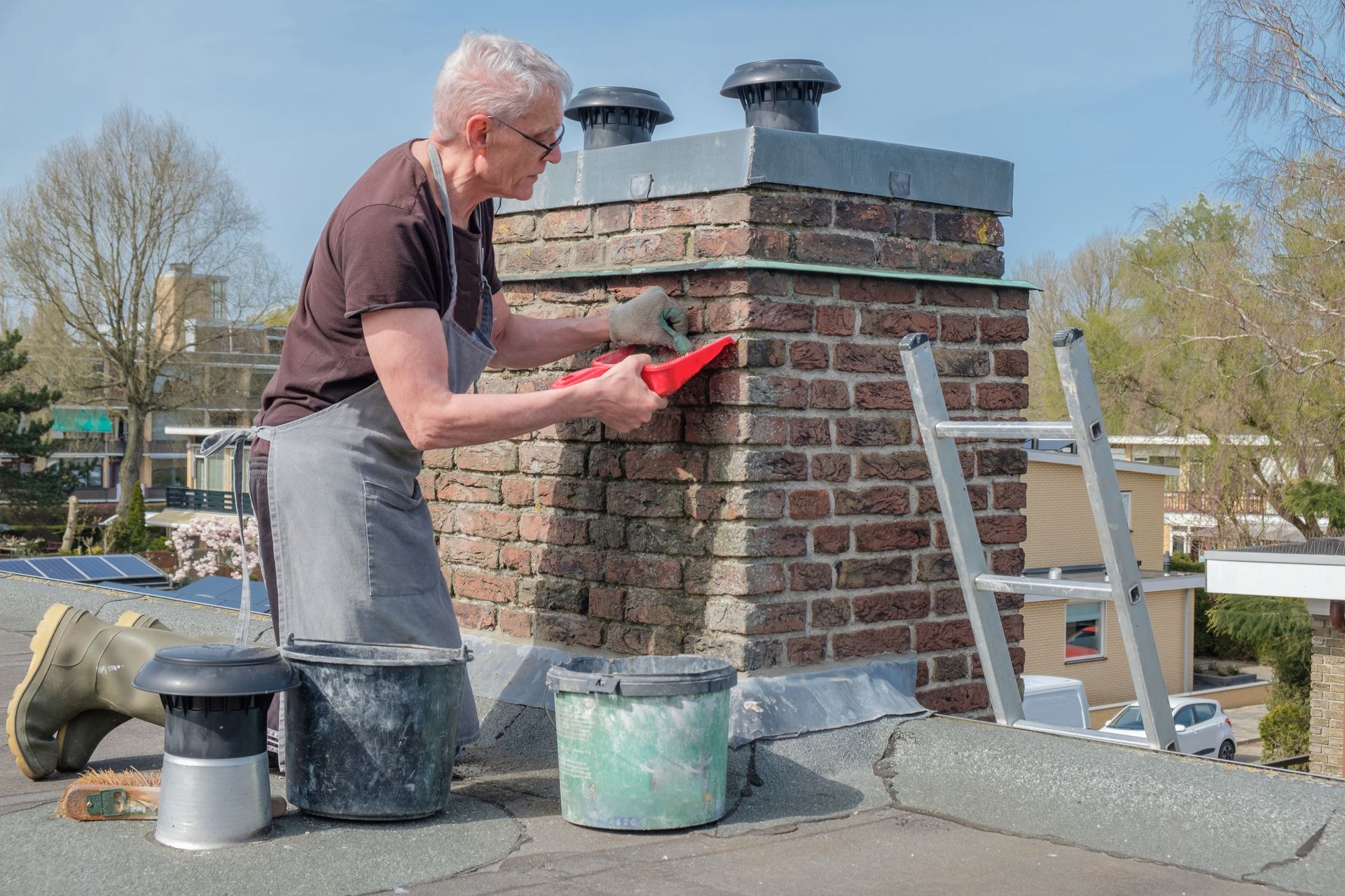Person on a roof repairing a brick chimney with tools and buckets.