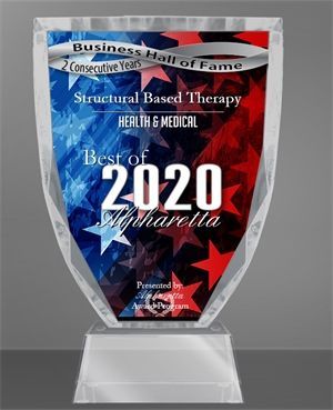 Business Hall of Fame “Best of 2020” clear award plaque with red, blue, and silver design