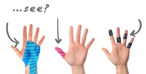 A drawing of three hands with arrows pointing down and the words 