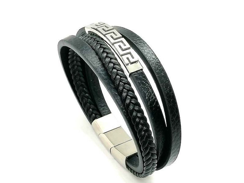 Greca style, Black Multilayer Leather Bracelet, Stainless Steel DoubleClasp