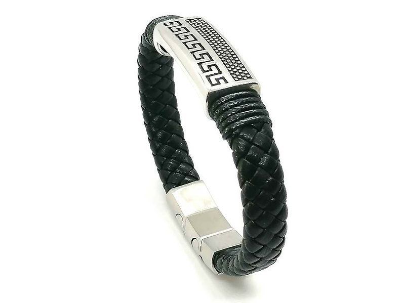 Greca style, Black Braided Leather Bracelet, Stainless Steel DoubleC