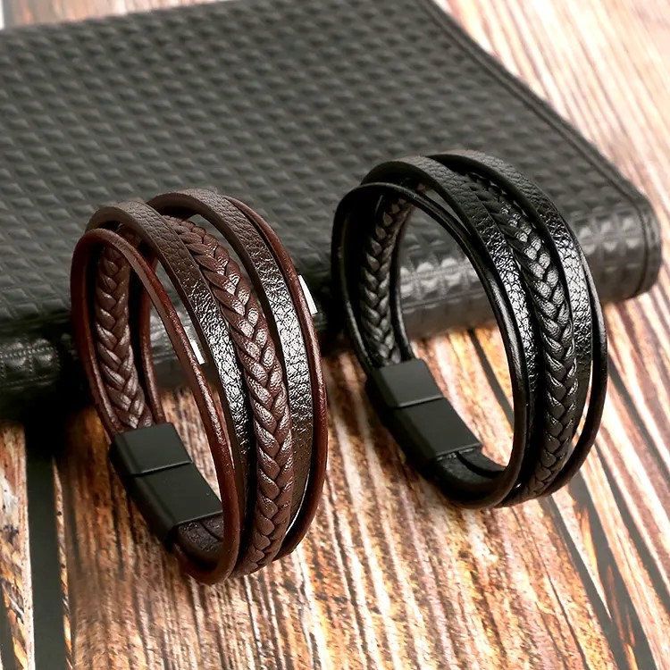 Brown Multilayer Braided Leather Bracelet, Stainless Steel Double Clasp