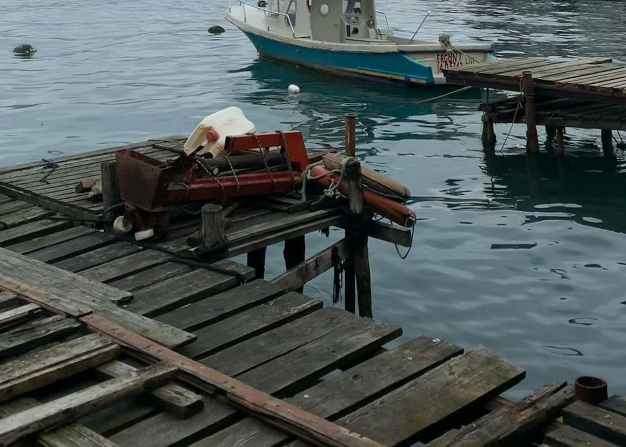 Boat dock with damage, fishing gear, and a moored boat on calm water