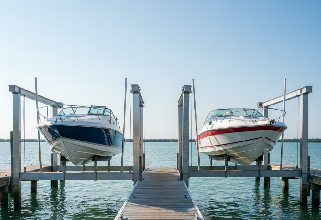 Two boats on different types of boat lifts (galvanized and aluminum) over water, for comparison