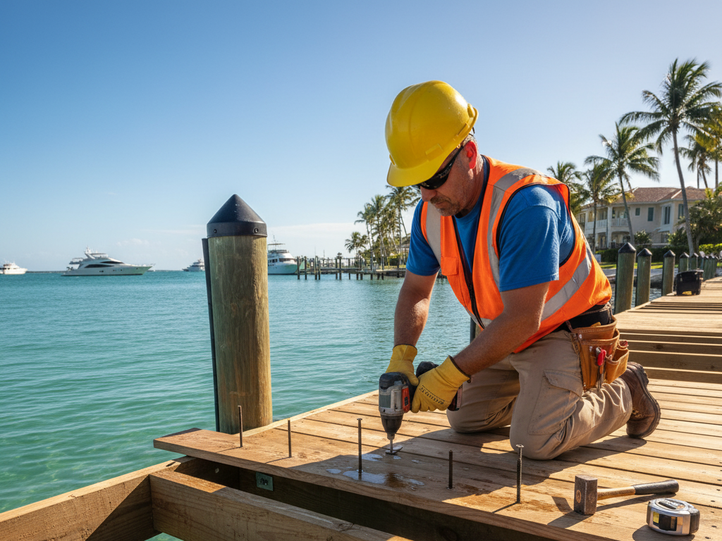Dock builder in a vest working on a partially constructed wooden dock