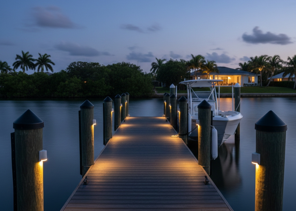 Illuminated Tampa boat dock with LED lighting accessories at night.