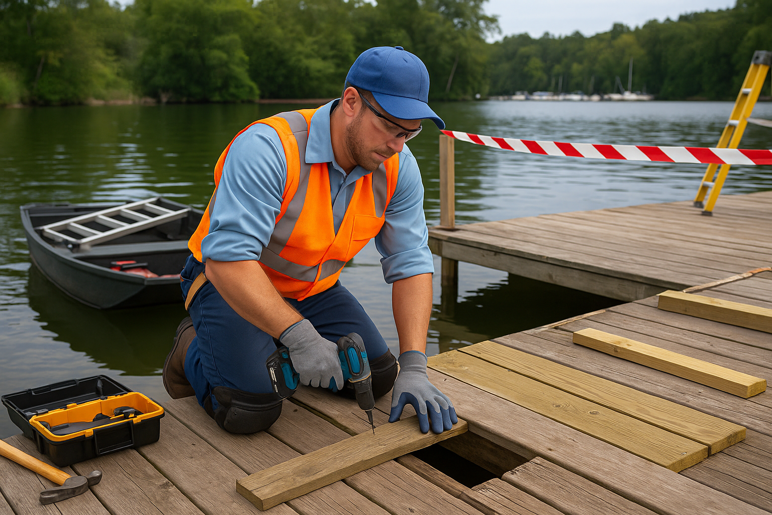 Person repairing wooden dock by calm water with tools nearby