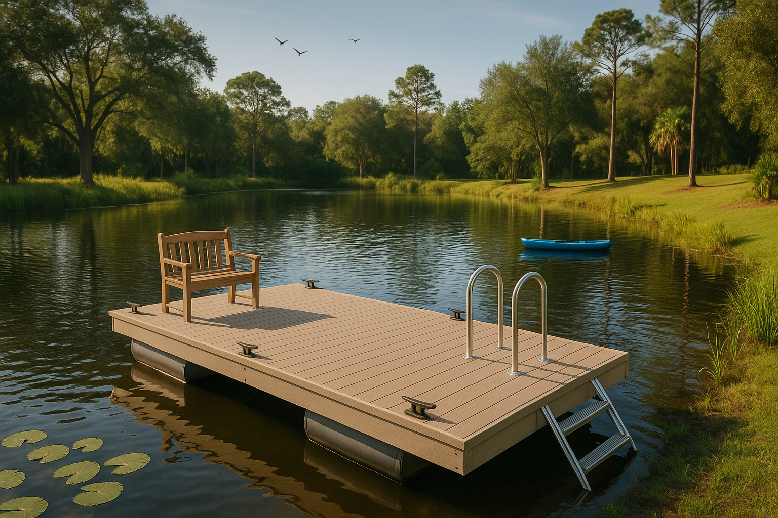 Wooden floating dock with bench, ladder, and kayak on calm pond