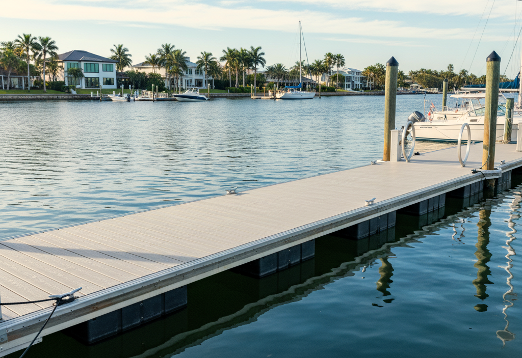 Composite floating dock with boats and waterfront homes in Florida