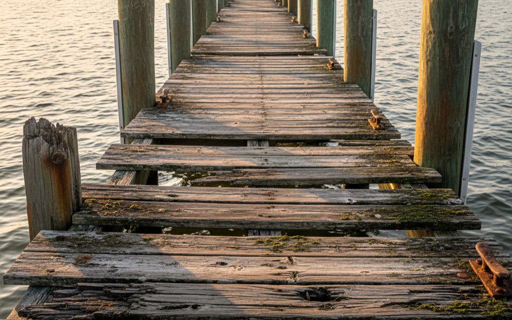 Rotting wooden dock in Tampa Bay at sunset.