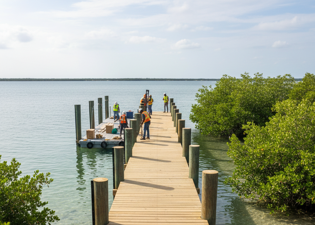 Eco-friendly dock construction in Tampa near coastal mangroves.