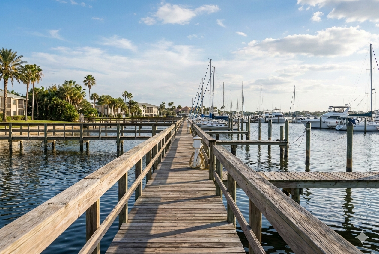 Long wooden docks at a Tampa marina with sailboats.