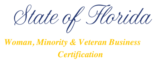 State of Florida Woman, Minority & Veteran Business Certification, in blue and yellow colors.