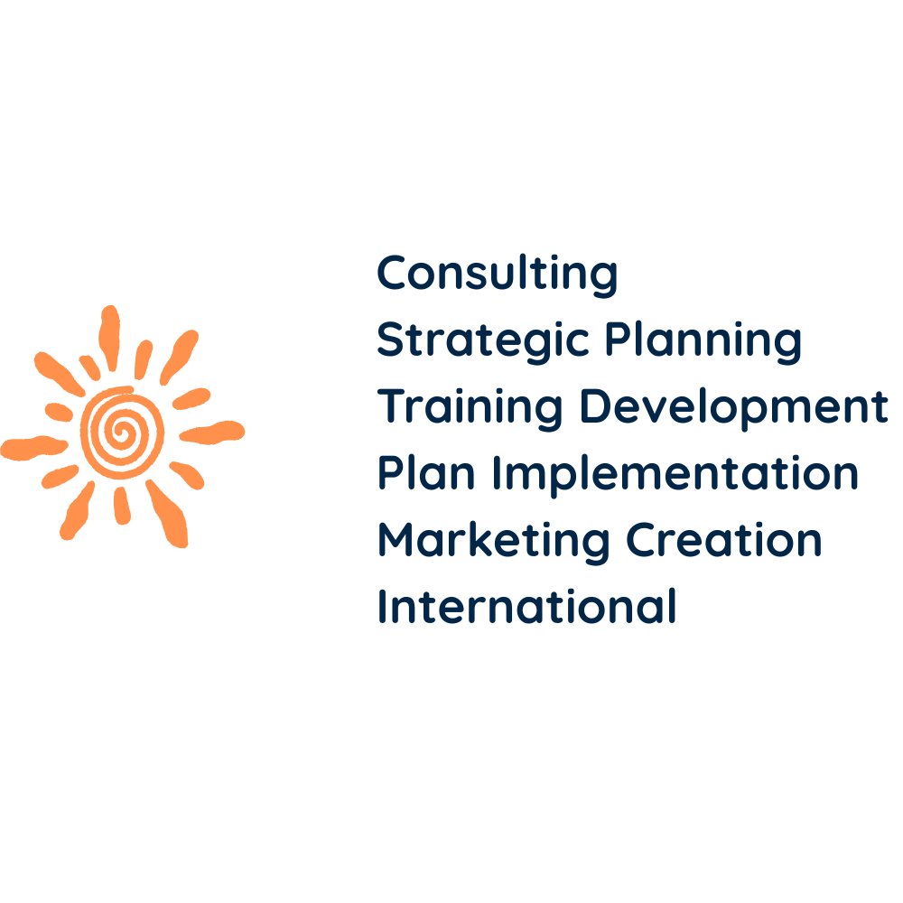 Logo with an orange sunburst and text listing types of services