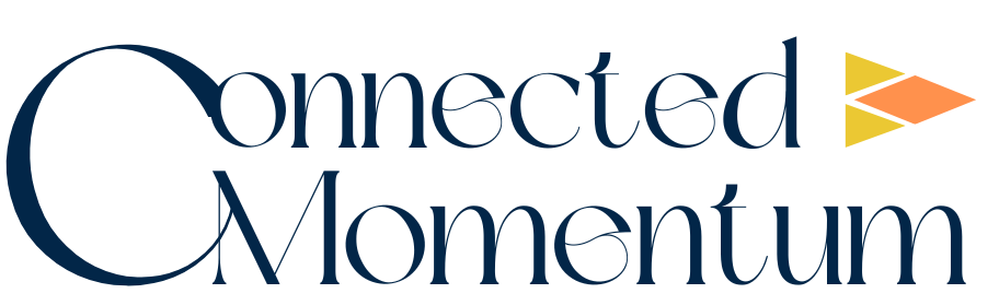 Logo for Connected Momentum, a consulting firm, featuring text and a stylized arrow symbol.