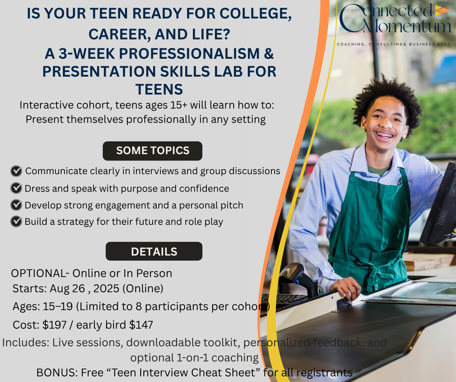 An advertisement for a 3 week professionalism and presentation skills lab for teens