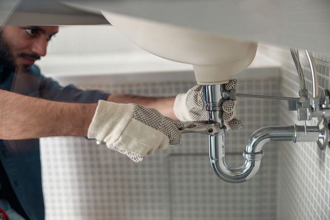 Close up of indian plumber is repairing faucet of a sink at bathroom using adjustable wrench