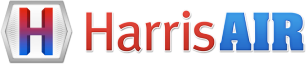 A logo for harris air in red and blue