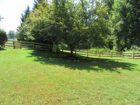 Green lawn, wooden fence, and trees under a blue sky.