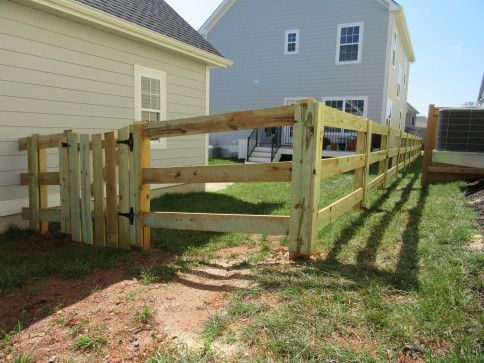 Wooden fence with gate in a yard, next to a light-colored house.