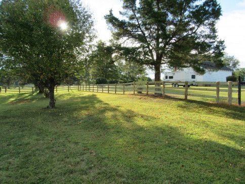 Green grassy field with a wooden fence and trees, bright sunlight.
