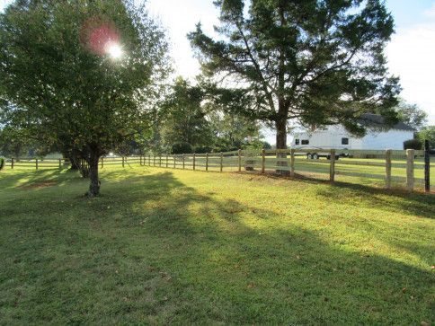 Lush green yard with a wooden fence, trees, and a white house in the background under a sunny sky.