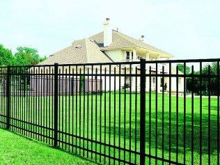 Black metal fence surrounds a grassy yard, with a light-colored house in the background.