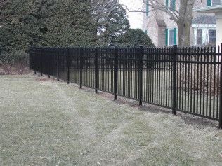 Black metal fence in a yard with sparse grass; trees and house in background.
