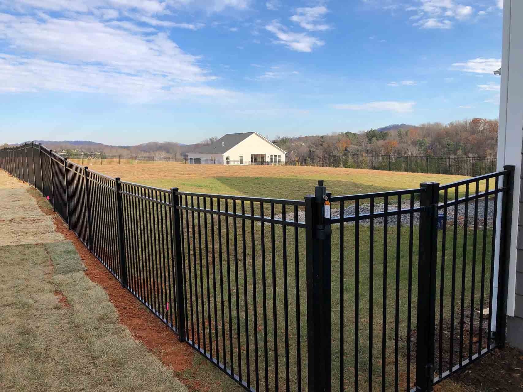 Black metal fence enclosing a grassy yard, with a distant house and trees under a blue sky.