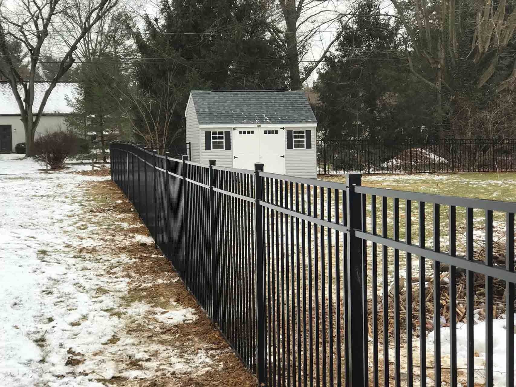 Black metal fence borders snow-covered yard, with shed in the background. Trees and overcast sky.