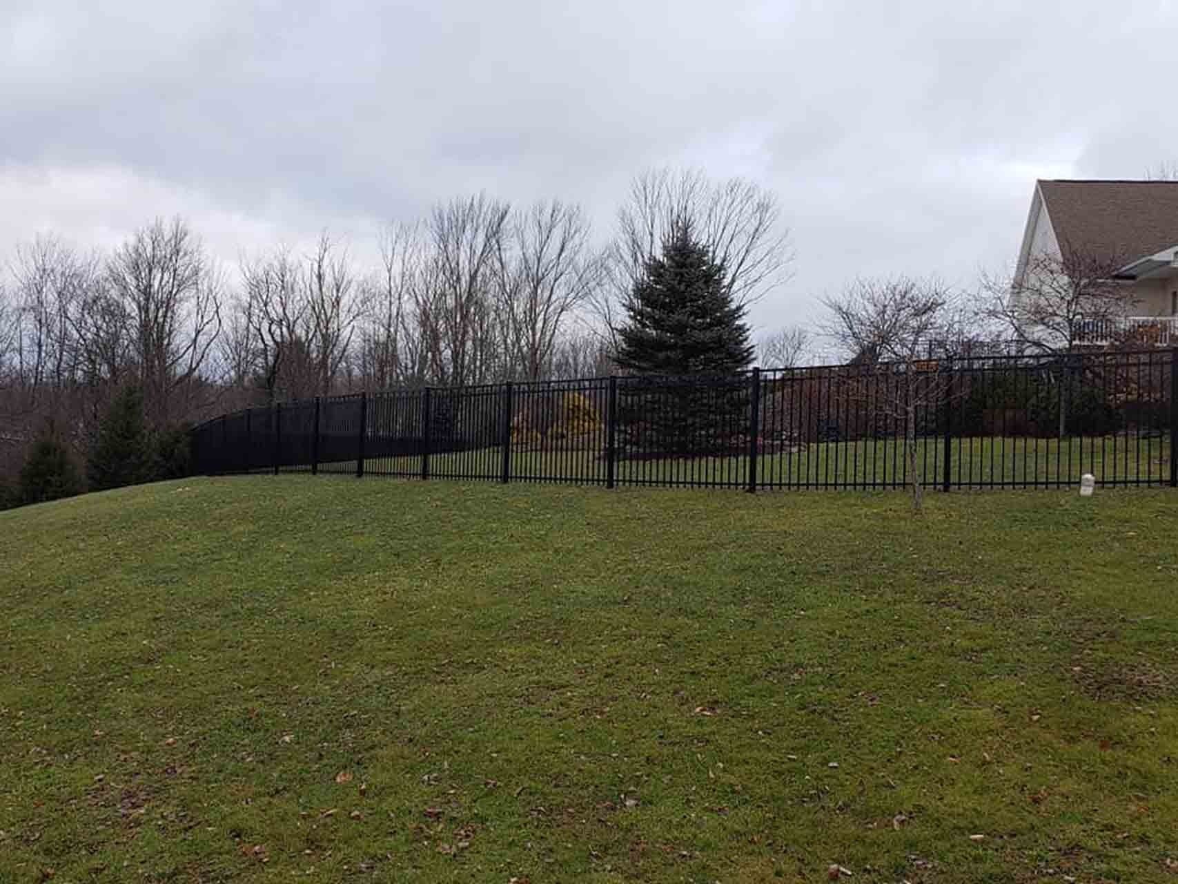 Black fence encloses a grassy backyard under a cloudy sky, with trees and a house in the background.
