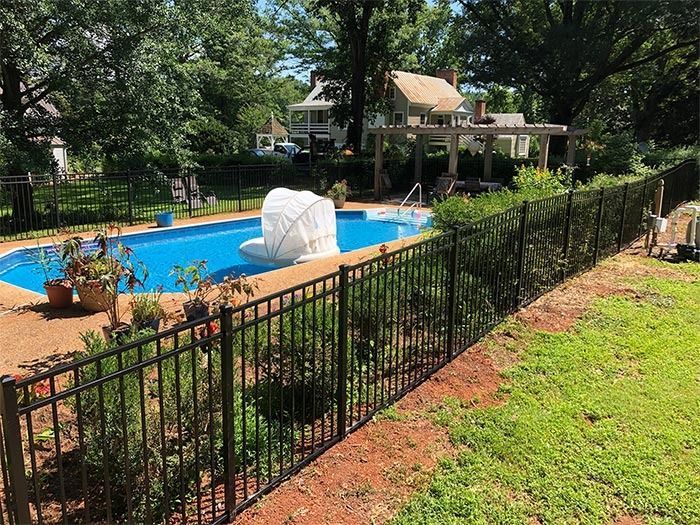 Black metal fence surrounds a blue swimming pool in a backyard with a pergola and trees.