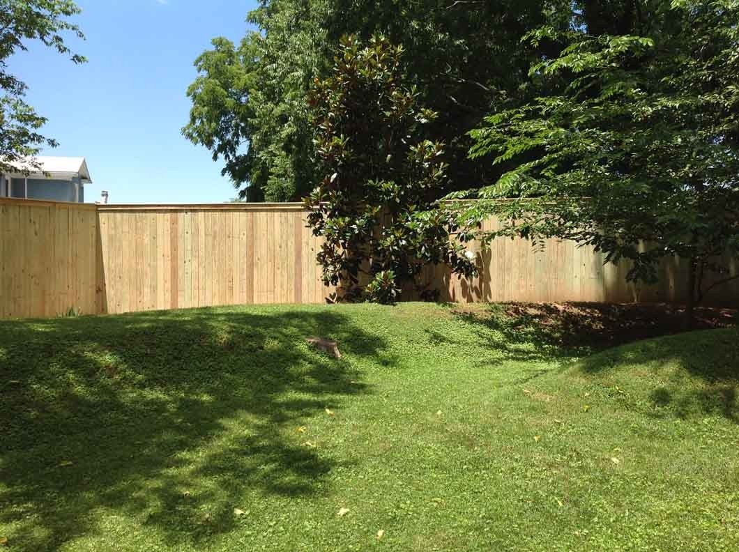 Wooden fence borders a grassy backyard, trees in the background, blue sky.
