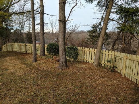 A light wooden picket fence curves along a grassy yard with trees, under an overcast sky.